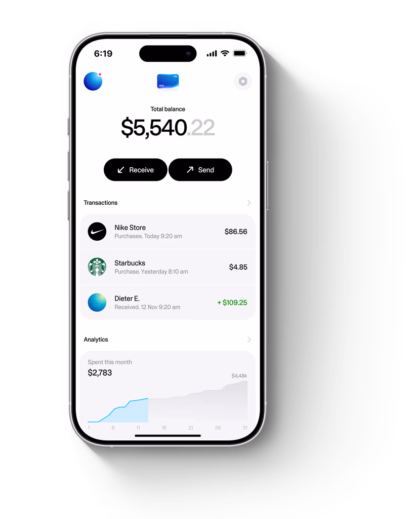 Zay Wallet app showing a $5,540.22 balance, Receive and Send buttons, recent transactions and a spending analytics graph.